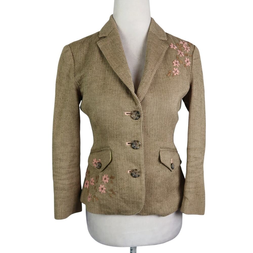 Vintage Y2K American Eagle Tan Brown Herringbone Blazer Floral Embroidery XS